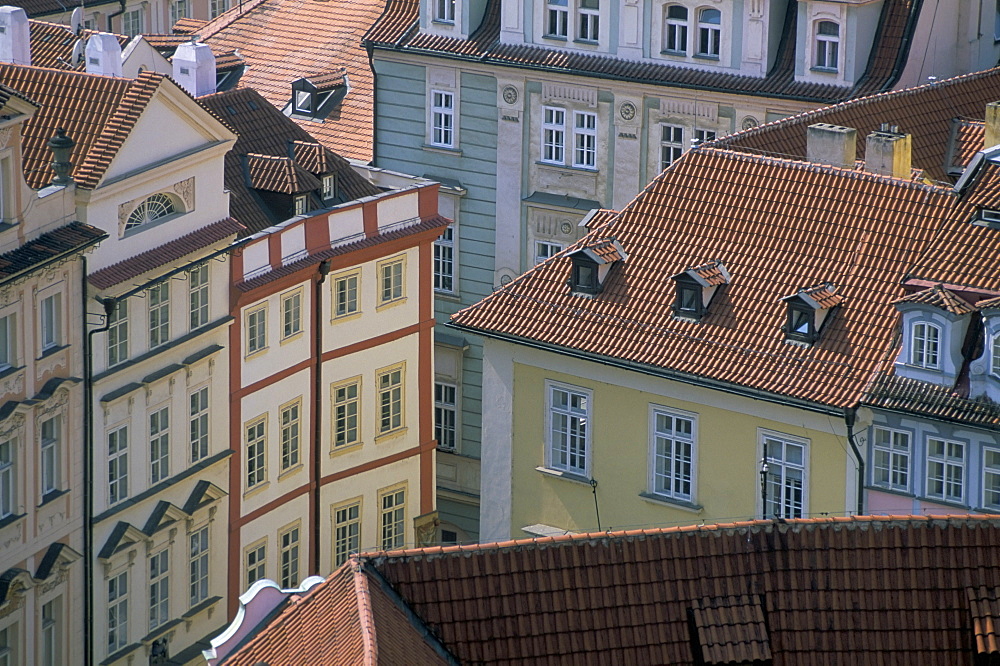 Elevated view of building facades, Male namesti (small square), Old Town Square, Prague, Czech Republic, Europe