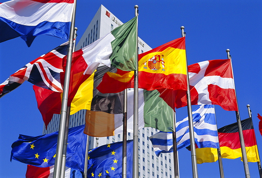 Some of the flags of the European Union, La Defense, Paris, France, Europe