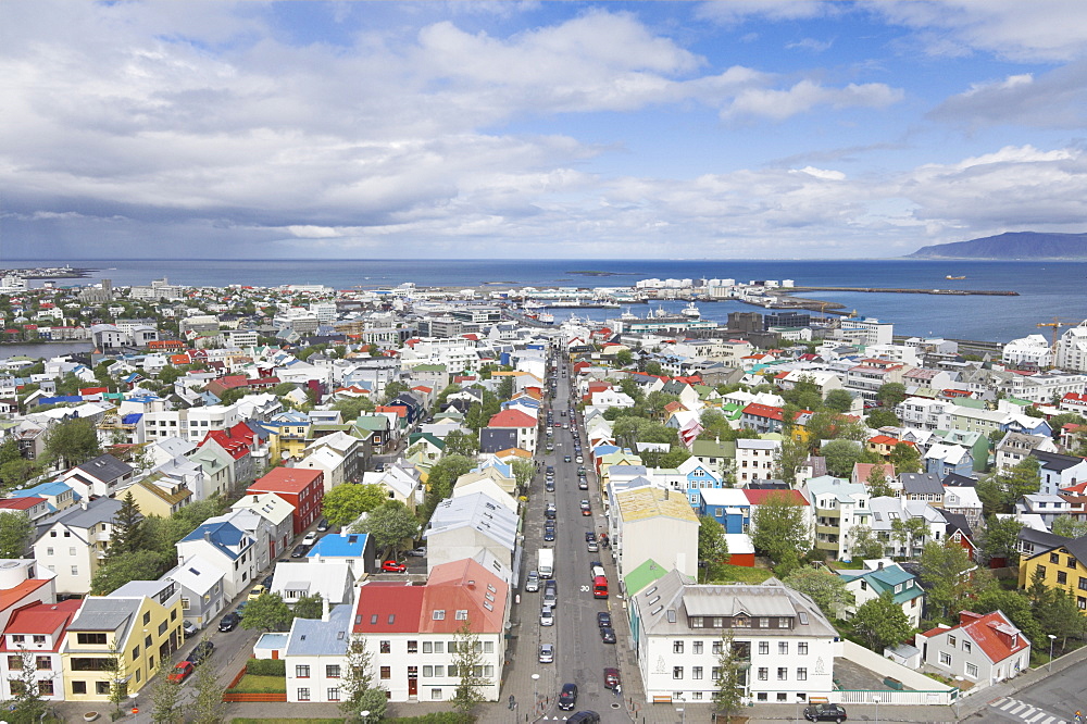 City centre and Faxafloi bay from Hallgrimskirkja, Reykjavik, Iceland, Polar Regions