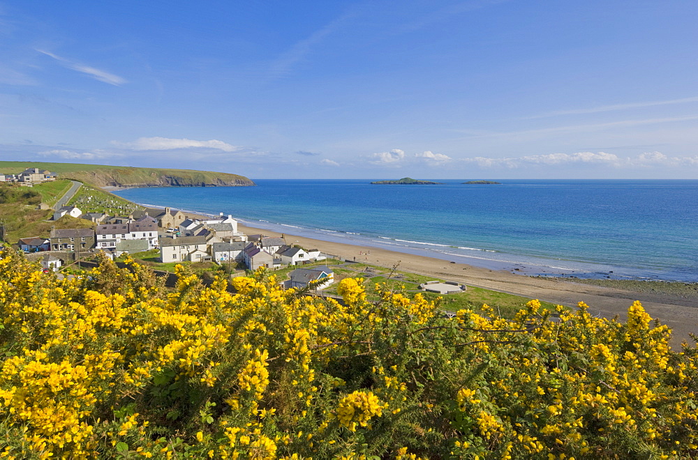 Village of Aberdaron with St. Hywyn's church and graveyard, Aberdaron Bay, Llyn Peninsula, Gwynedd, North Wales, Wales, United Kingdom, Europe