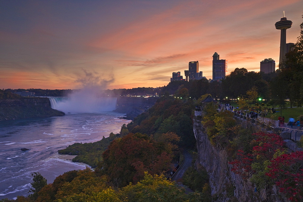 Sunset at the Horseshoe Falls waterfall on the Niagara River, Niagara Falls, Ontario, Canada, North America