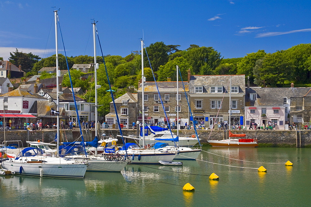 Yachts at high tide in Padstow harbour, Padstow, North  Cornwall, England, United Kingdom, Europe