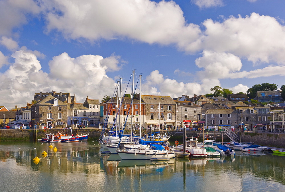 Small boats and yachts at high tide in Padstow harbour, Padstow, North Cornwall, England, United Kingdom, Europe