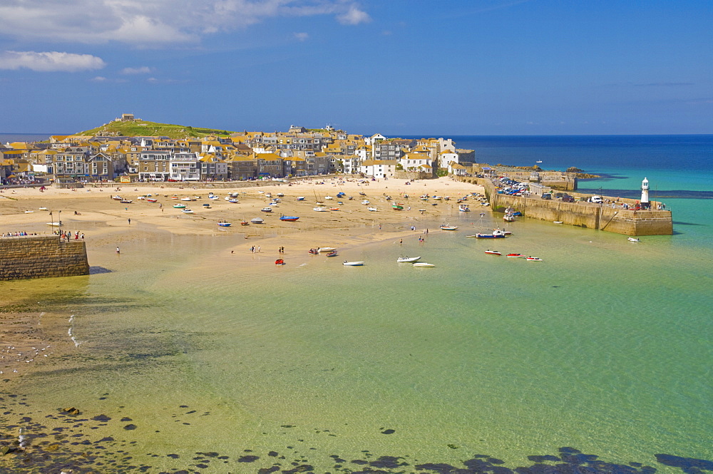 Looking across the harbour at St. Ives (Pedn Olva) towards The Island or St. Ives Head, North Cornwall, England, United Kingdom