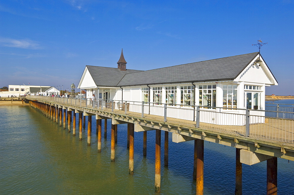 Southwold pier looking back towards the shore in the early afternoon sunshine, Southwold, Suffolk, England, United Kingdom, Europe