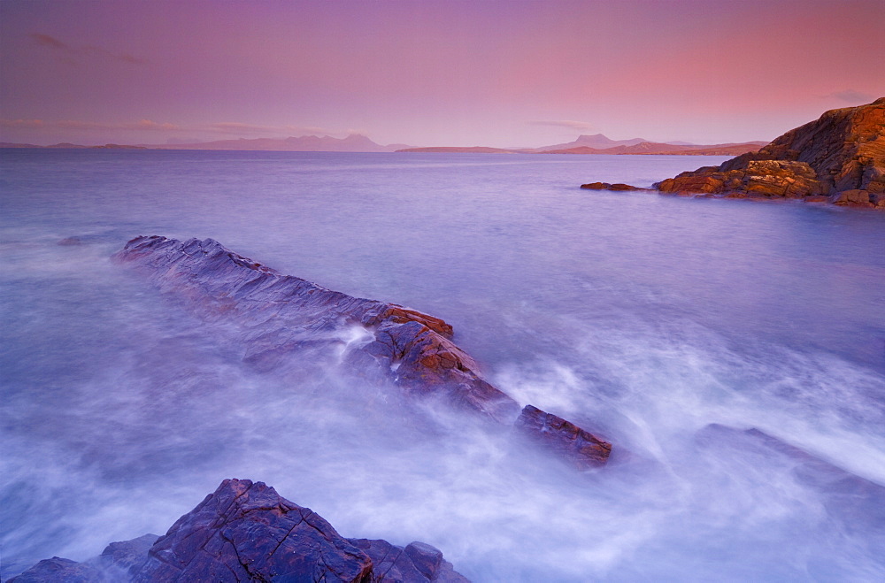 Sunset at Mellon Udrigle, waves and rocks, Wester Ross, North west Scotland, United Kingdom, Europe