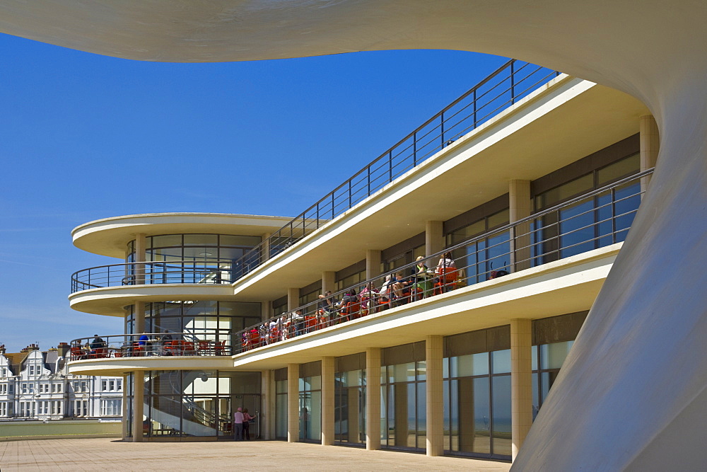 Outdoor stage for performances and exterior of the De La Warr Pavilion, Bexhill on Sea, East Sussex, England, United Kingdom, Europe