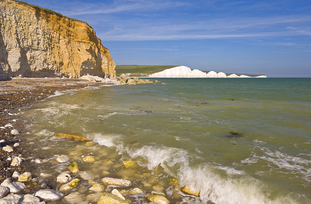 View of The Seven Sisters, Hope Gap beach, Seaford Head, South Downs Way, South Downs National Park, East Sussex, England, United Kingdom, Europe