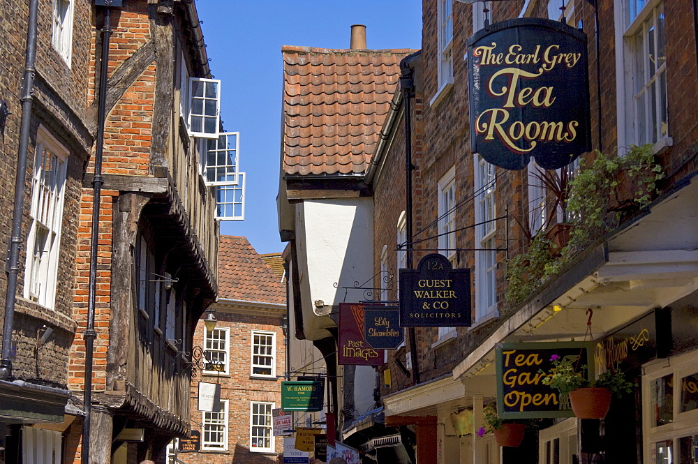 The Shambles, the narrow street of half-timbered old medieval buildings where butchers used to sell sides of meat from hooks and rails that are still visible above the windows, York, Yorkshire, England, United Kingdom, Europe