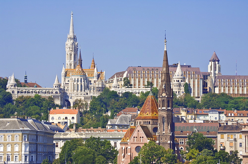 The Capuchin Church (Kapucinus templom) in the foreground, Matyas church (Matyas templom) and the Fishermen's bastion (Halaszbastya), Buda side of the Danube, Budapest, Hungary, Europe