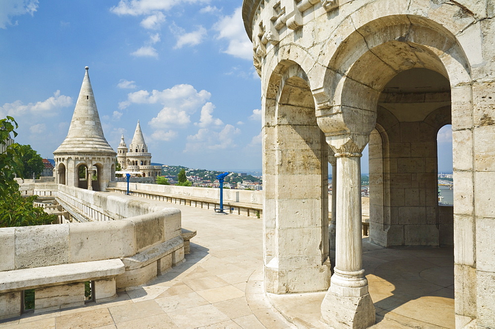 Towers and conical turrets of the neo-romanesque Fishermen's Bastion, built by Frigyes Schulek in 1895, Budapest, Hungary, Europe