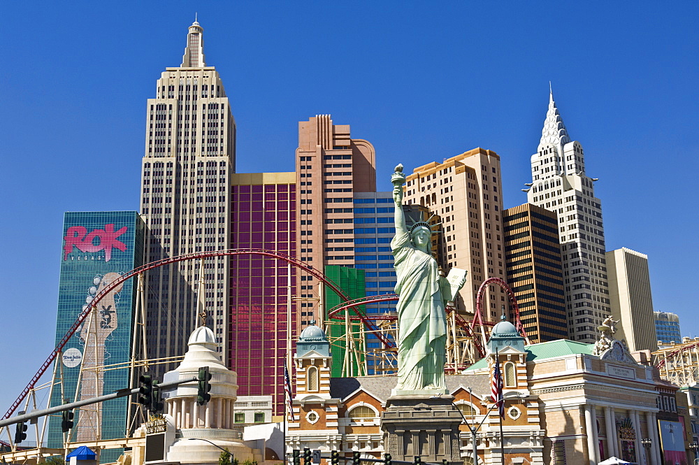 New York-New York hotel with roller coaster, The Strip, Las Vegas Boulevard South, Las Vegas, Nevada, United States of America, North America