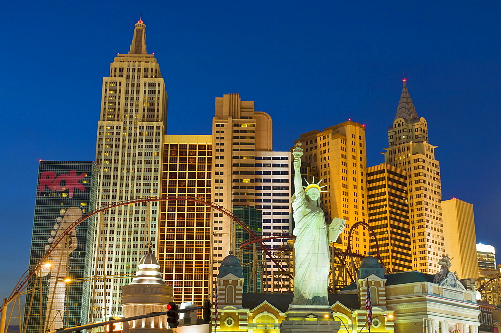 New York-New York hotel with roller coaster, at night, The Strip, Las Vegas Boulevard South, Las Vegas, Nevada, United States of America, North America