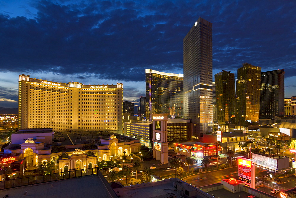 Night panorama of new hotels, including the Monte Carlo Hotel and Casino, Las Vegas Boulevard South, The Strip, Las Vegas, Nevada, United States of America, North America