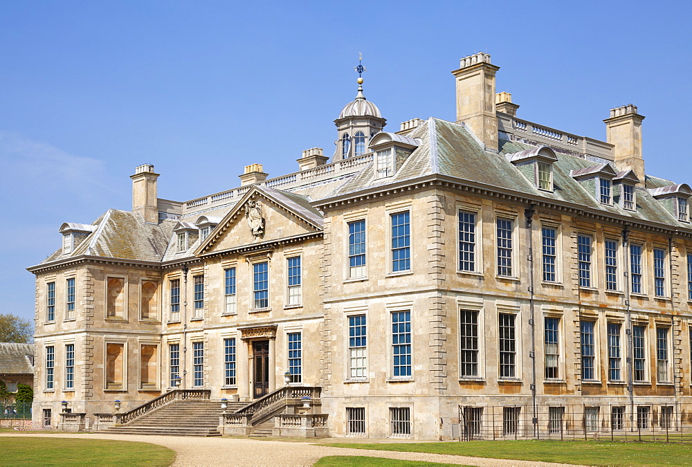 Front facade of Belton House, a country house built by the Brownlow family near Grantham, Lincolnshire, England, United Kingdom, Europe