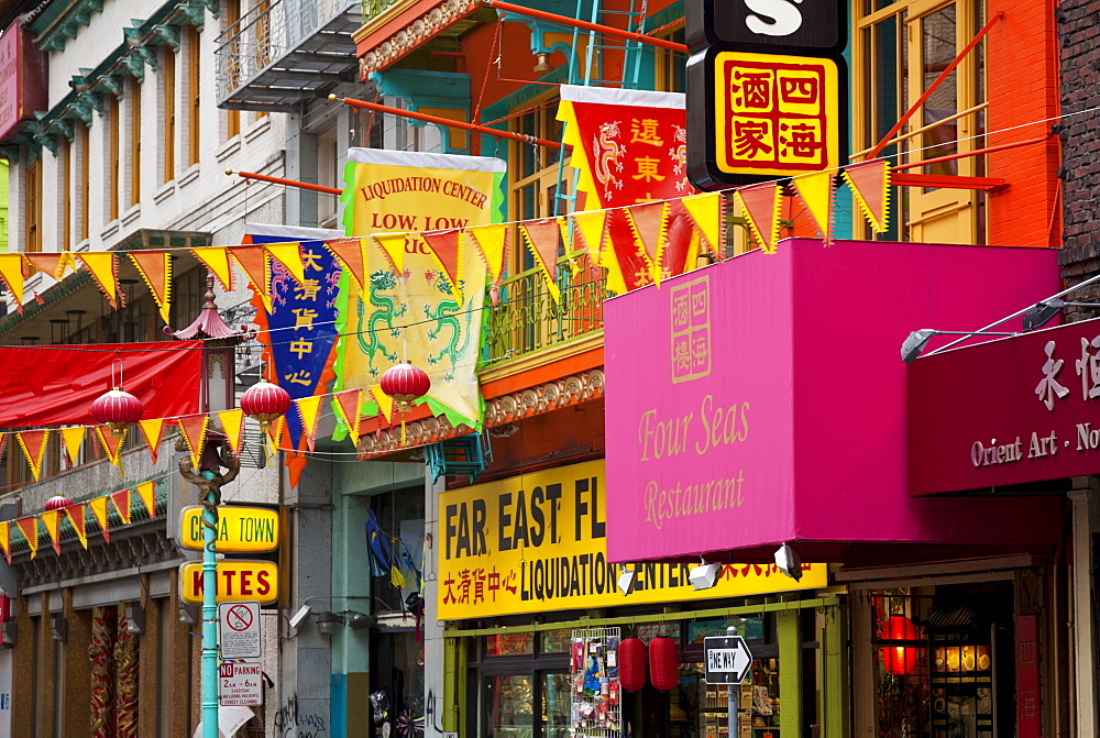 Colourful flags, banners and shopfronts in Chinatown, San Francisco, California, United States of America, North America