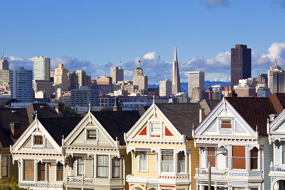 The famous Painted Ladies, well maintained old Victorian houses on Alamo Square, with the skyscrapers of the Financial district beyond, San Francisco, California, United States of America, North America