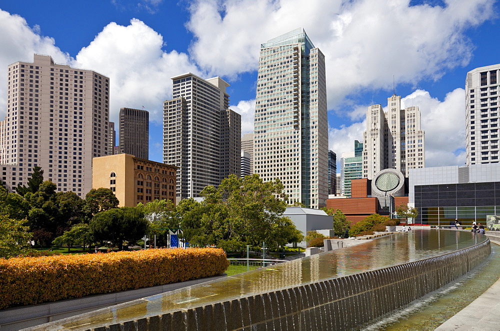 Fountains in the Yerba Buena Gardens, in the shadow of the Financial District towers and the Museum of Modern Art, San Francisco, California, United States of America, North America