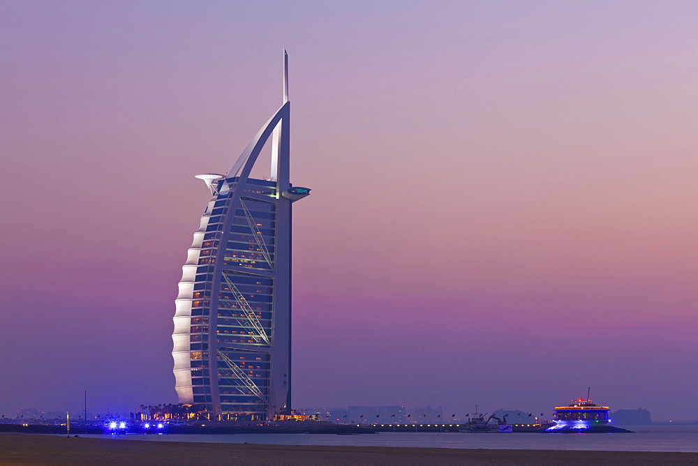 Burj al Arab hotel at sunset, Dubai, United Arab Emirates, Middle East