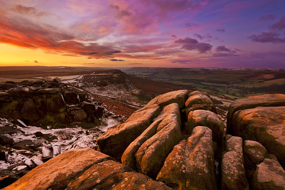 Frosty winter sunrise, Froggatt and Curbar Edge, Peak District National Park, Derbyshire, England, United Kingdom, Europe