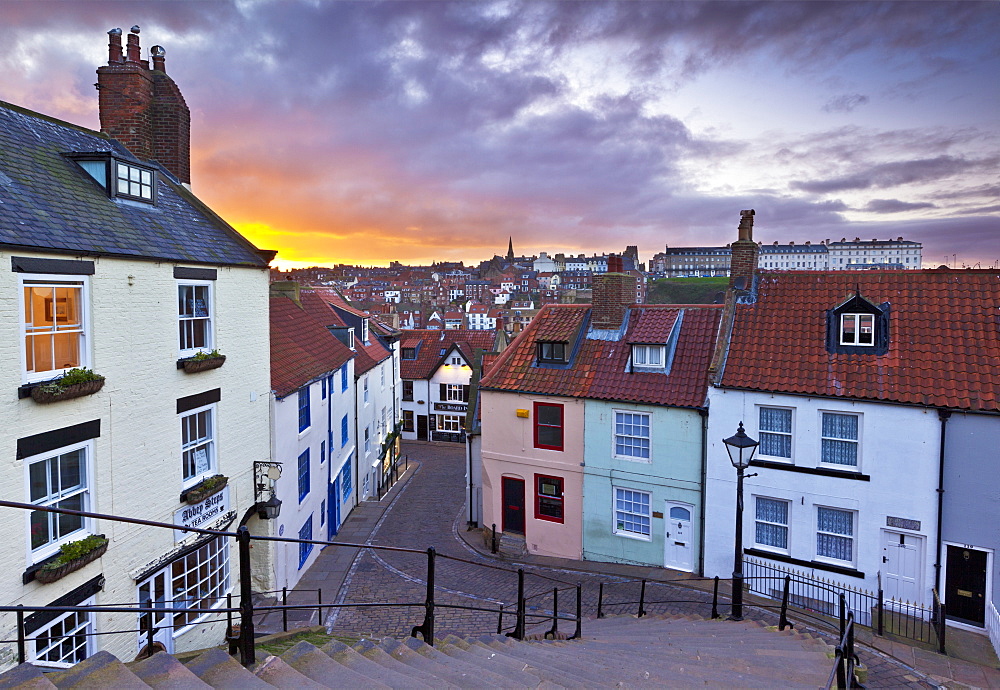 Whitby town houses at sunset from the Abbey steps, Whitby, North Yorkshire, Yorkshire, England, United Kingdom, Europe