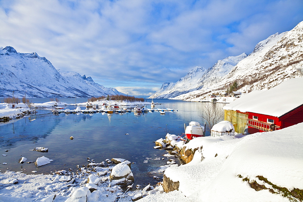 Snow covered mountains, boathouse and moorings in Norwegian fjord village of Ersfjord, Kvaloya island, Troms, Norway, Scandinavia, Europe