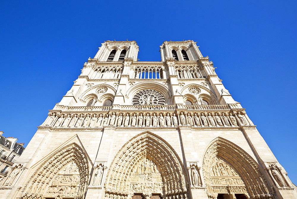 Front facade of the Cathedral of Notre Dame, Ile de la Cite, Paris, France, Europe