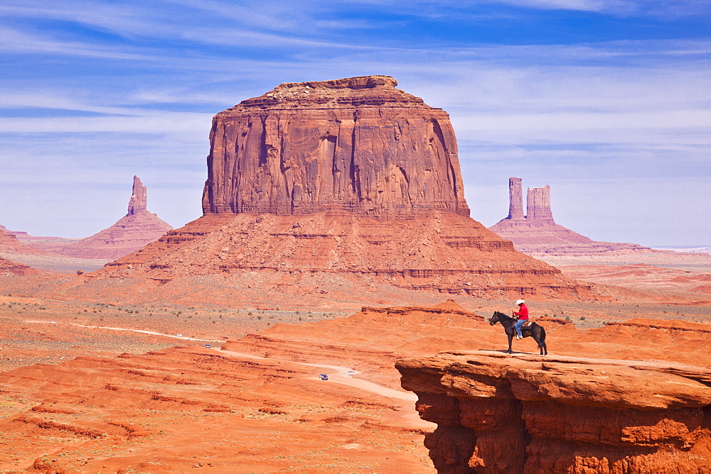 Lone horse rider at John Fords Point, Merrick Butte, Monument Valley Navajo Tribal Park, Arizona, United States of America, North America