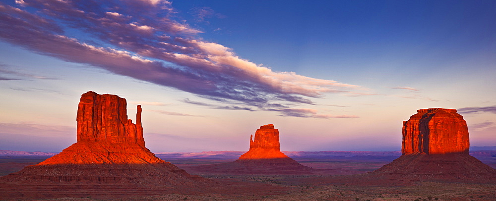 West Mitten Butte, East Mitten Butte and Merrick Butte, The Mittens at sunset, Monument Valley Navajo Tribal Park, Arizona, United States of America, North America