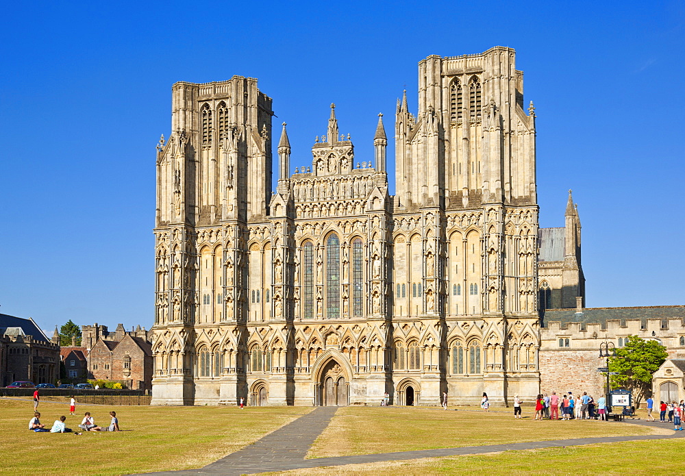 Front facade of Wells Cathedral, Wells, Somerset, England, United Kingdom, Europe