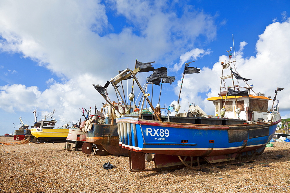 Fishing boats pulled up on the beach at Hastings, East Sussex, England, United Kingdom, Europe