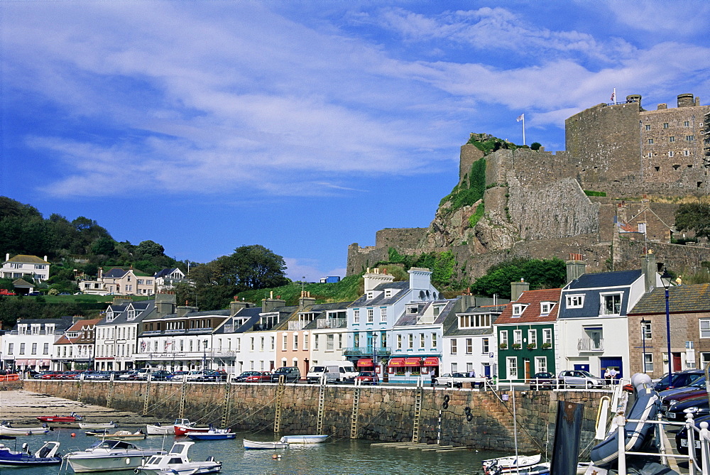 Mount Orgueil Castle and harbour, Gorey, Grouville, Jersey, Channel Islands, United Kingdom, Europe