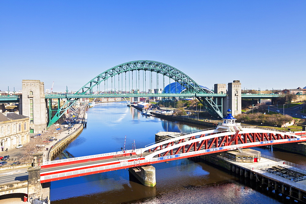 Newcastle upon Tyne city with Tyne Bridge and Swing Bridge over River Tyne, Gateshead, Tyne and Wear, England, United Kingdom, Europe