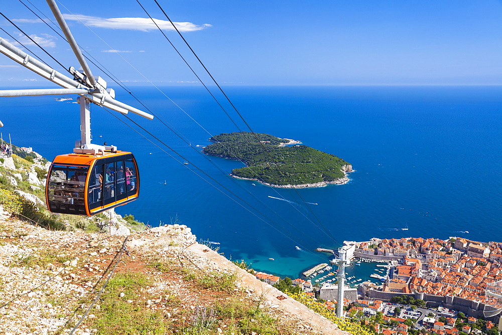 Cable car, Lokrum Island and Dubrovnik Old Town view, Dalmatian Coast, Dubrovnik, Croatia, EU, Europe