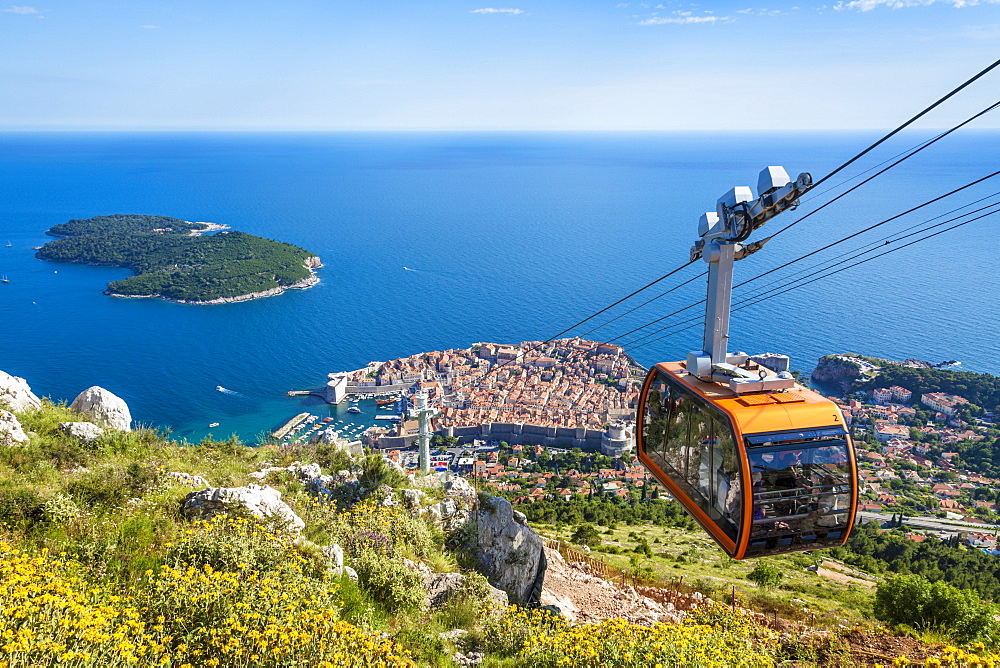 Cable car, Lokrum Island and Dubrovnik Old Town view, Dalmatian Coast, Dubrovnik, Croatia, EU, Europe