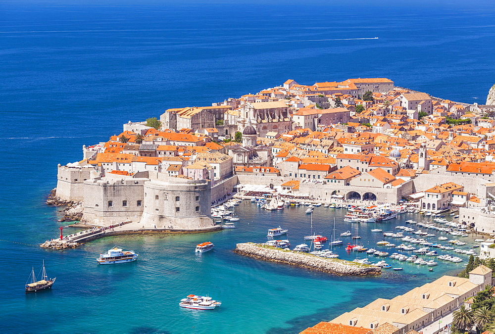 Aerial view of Old Port and Dubrovnik Old town, Dalmatian Coast, Dubrovnik, Croatia, EU, Europe