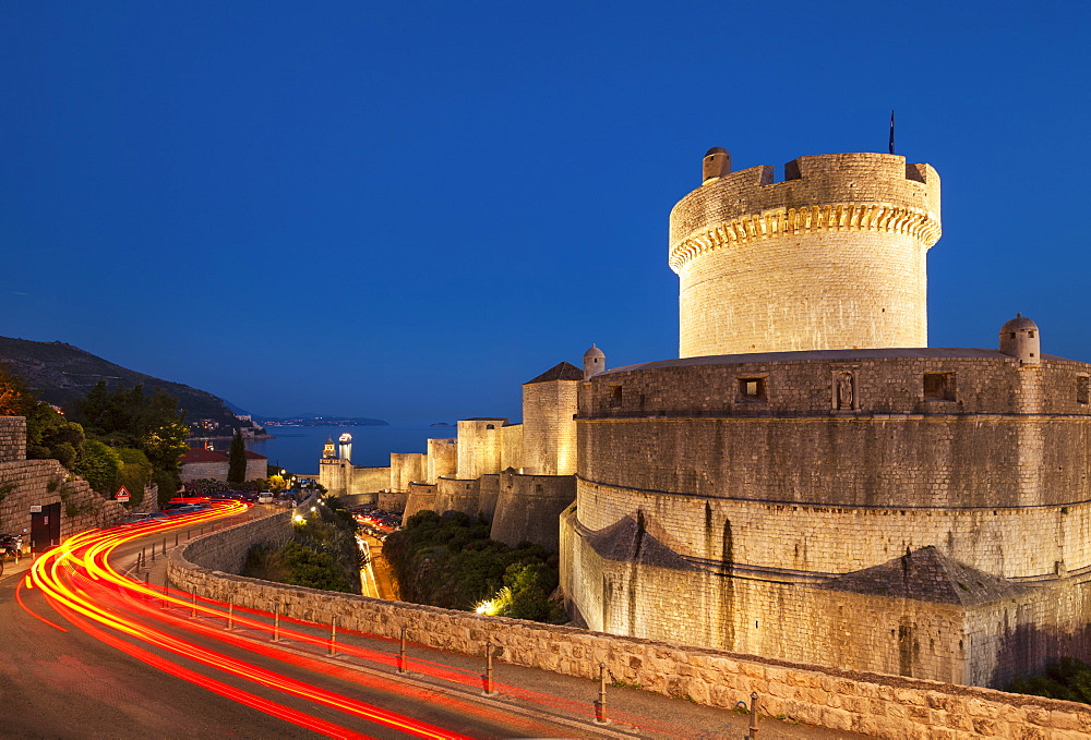 Minceta tower and city walls with traffic light trails, Dubrovnik Old Town, Dubrovnik, Dalmatian Coast, Croatia, Europe