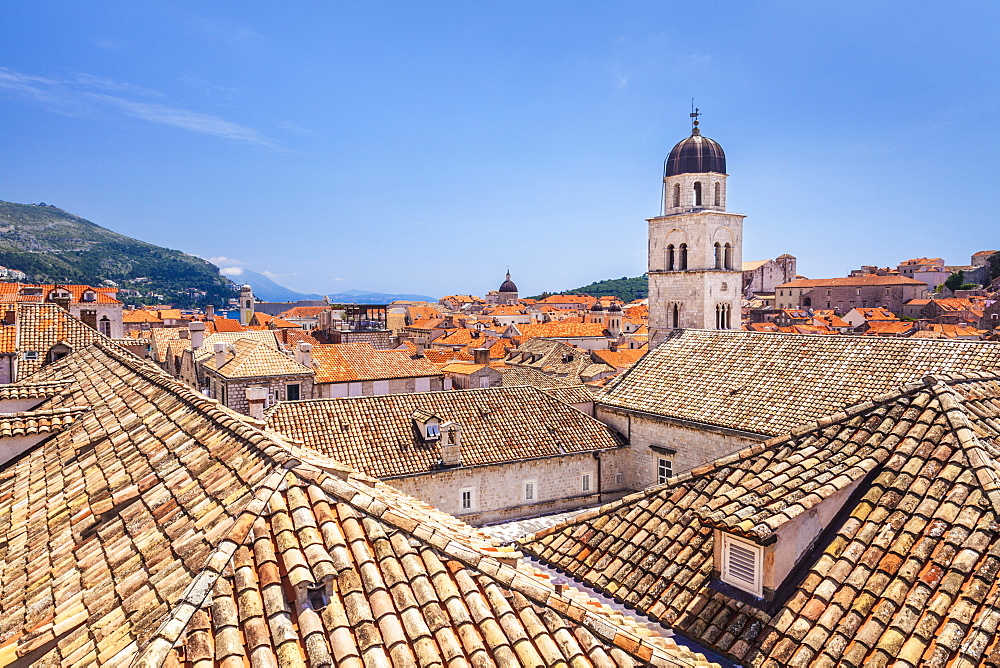 Rooftop view of Franciscan church, bell tower and monastery, Dubrovnik Old Town, Dalmatian Coast, Dubrovnik, Croatia, EU, Europe