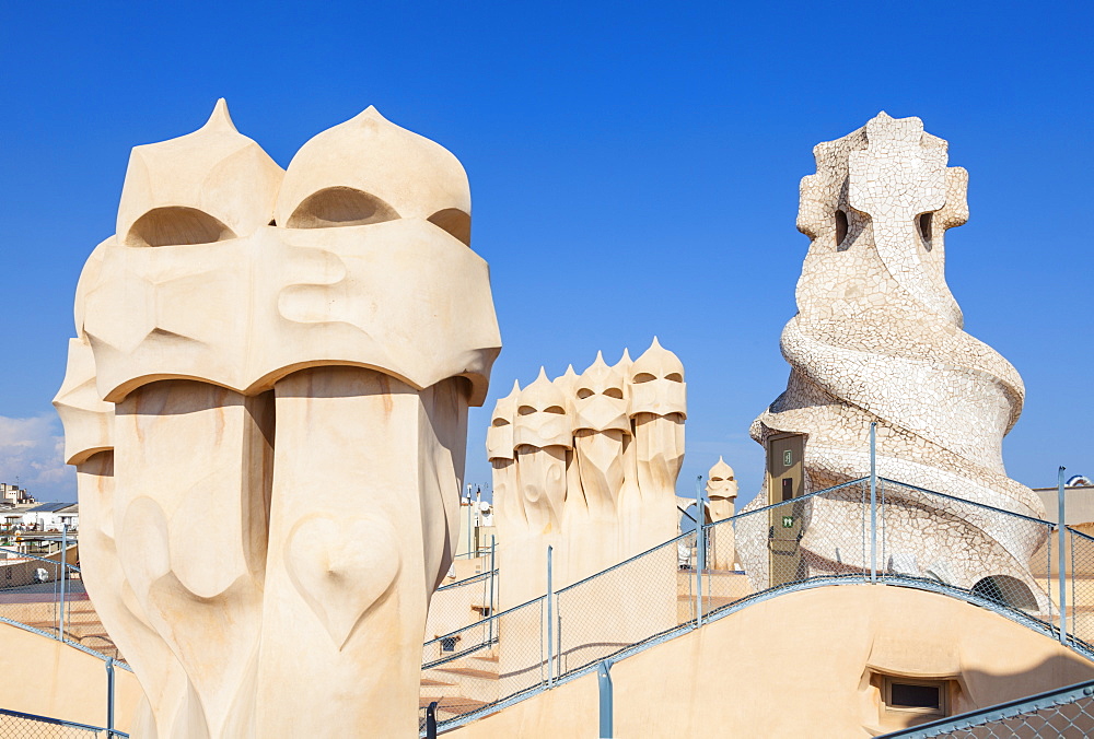 Chimney sculptures on the roof of Casa Mila (La Pedrera) by Antoni Gaudi, UNESCO World Heritage Site, Barcelona, Catalonia (Catalunya), Spain, Europe