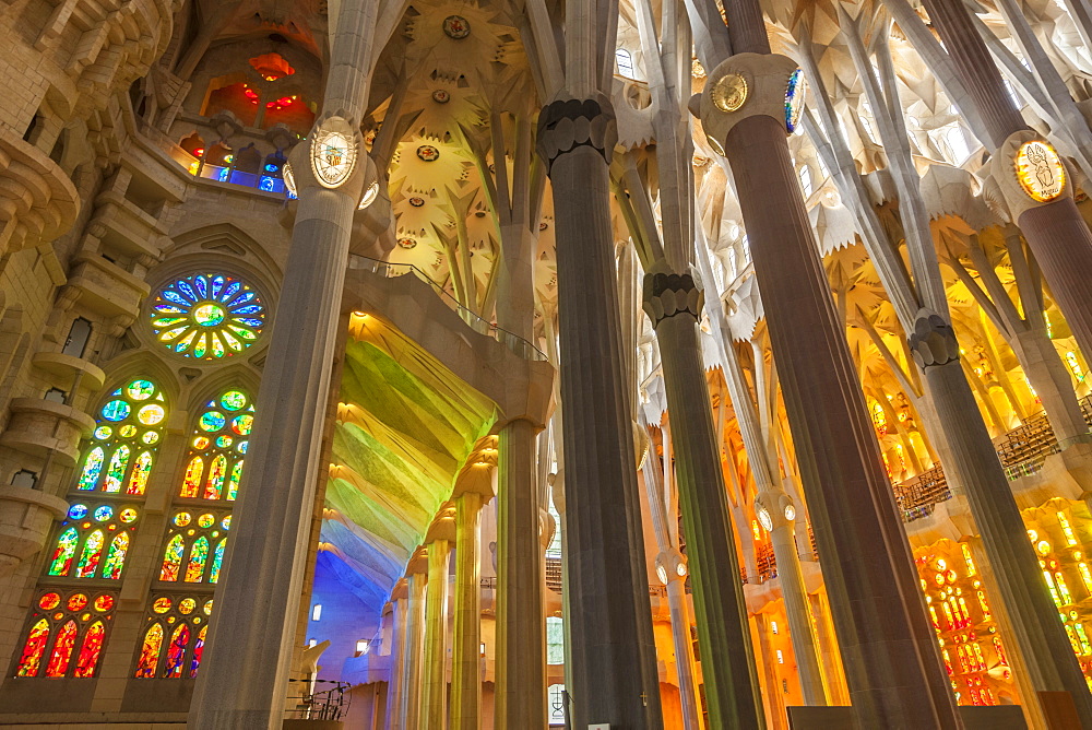 La Sagrada Familia church, basilica interior with stained glass windows by Antoni Gaudi, UNESCO World Heritage Site, Barcelona, Catalonia (Catalunya), Spain, Europe