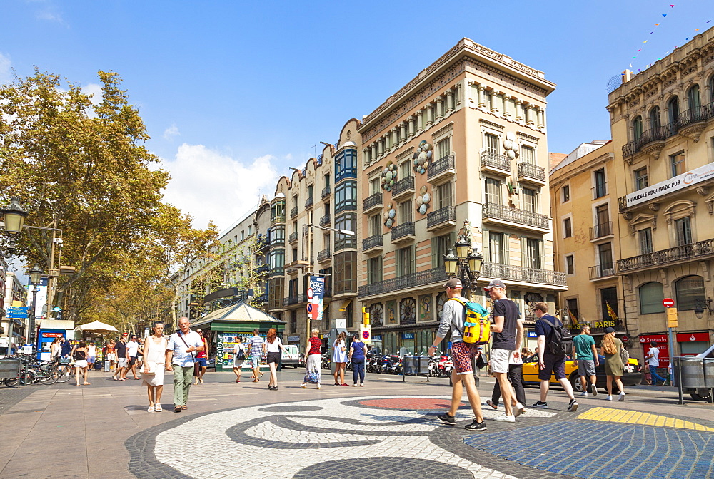 The Barcelona Miro mosaic on La Rambla (Las Ramblas) boulevard, the promenade through Barcelona, Catalonia (Catalunya), Spain, Europe