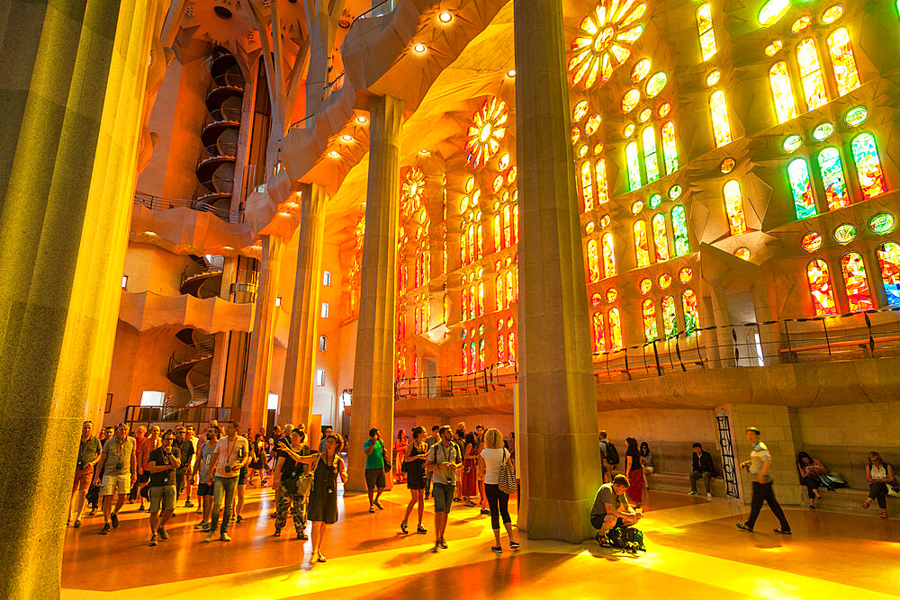 La Sagrada Familia church, basilica interior with stained glass windows by Antoni Gaudi, UNESCO World Heritage Site, Barcelona, Catalonia (Catalunya), Spain, Europe