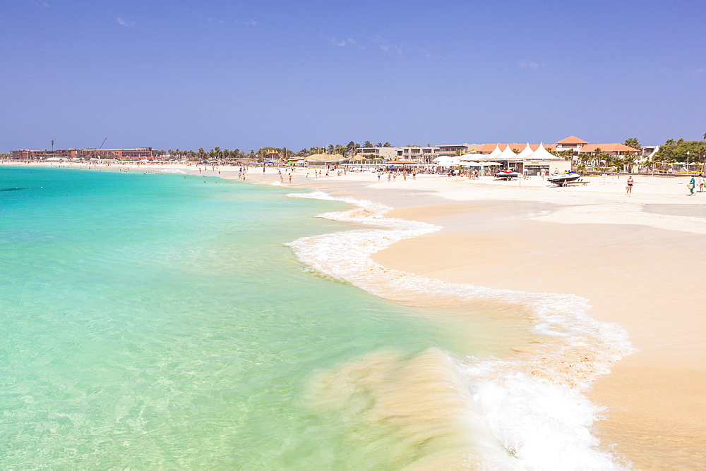 Waves breaking on the sandy beach in Santa Maria, Praia de Santa Maria, Baia de Santa Maria, Sal Island, Cape Verde, Atlantic, Africa