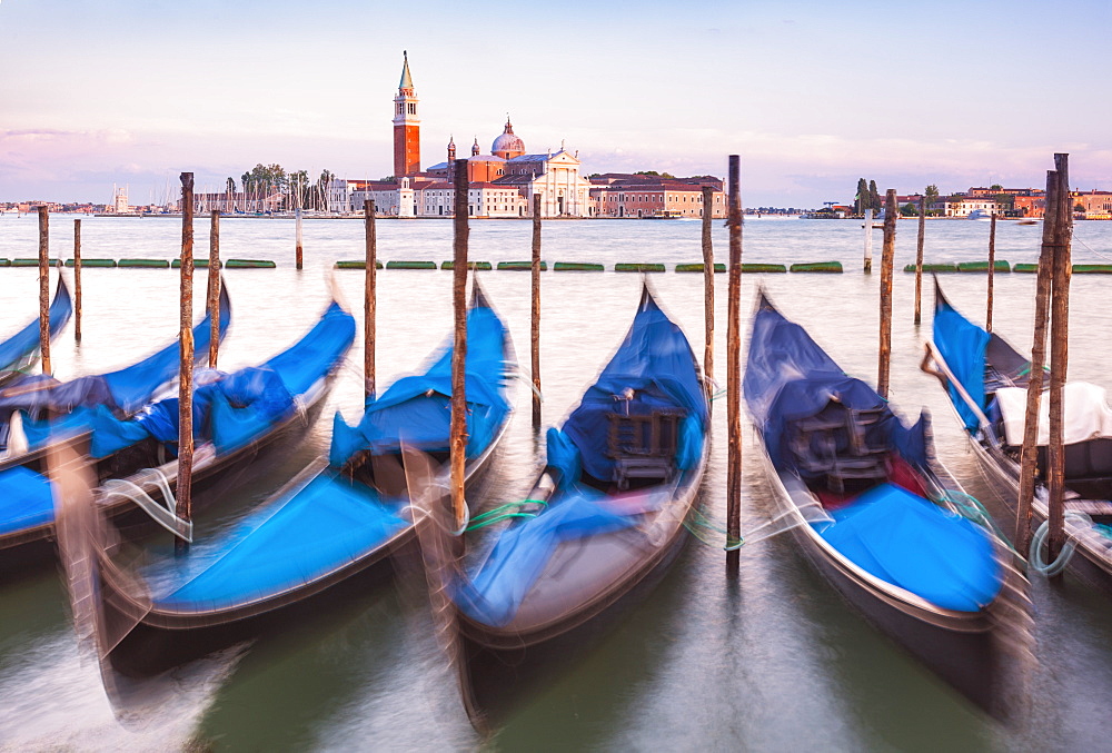 Gondolas moored at sunset in the Bacino di San Marco (St. Mark's Basin), waterfront, Venice, UNESCO World Heritage Site, Veneto, Italy, Europe