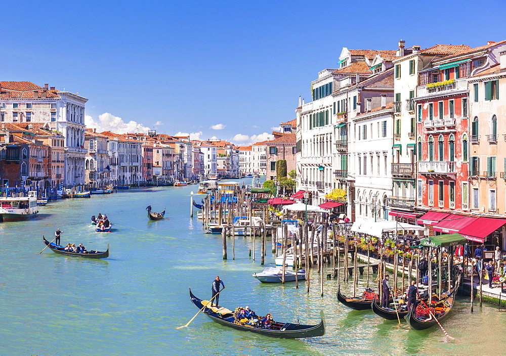 Gondolas, with tourists, on the Grand Canal, next to the Fondementa del Vin, Venice, UNESCO World Heritage Site, Veneto, Italy, Europe