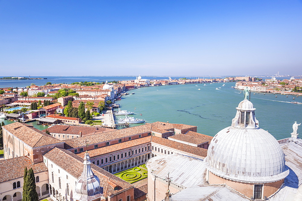 Church of San Giorgio Maggiore, roof and dome, with view of the island of Giudecca, Venice, UNESCO World Heritage Site, Veneto, Italy, Europe