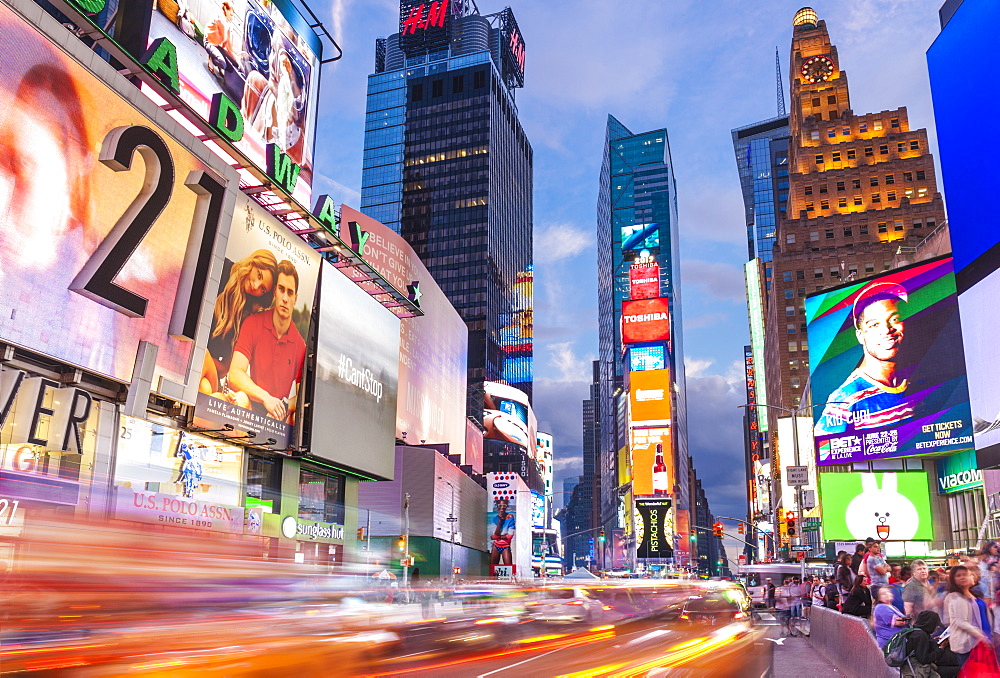 Bright billboards, busy traffic light trails, Times Square, Broadway, Theatre District, Manhattan, New York, United States of America, North America