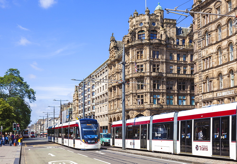 Edinburgh city trams on Princes Street, city centre, Edinburgh, Midlothian, Scotland, United Kingdom, Europe