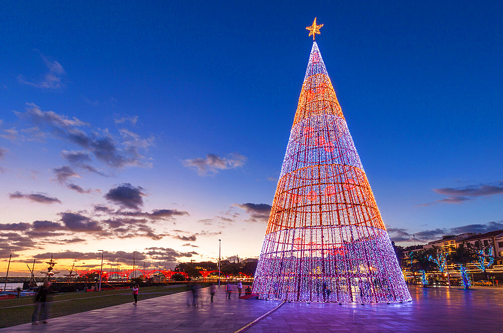 Modern design of Christmas tree with LED lights on the seafront promenade in Funchal, Madeira, Portugal, Altantic, Europe