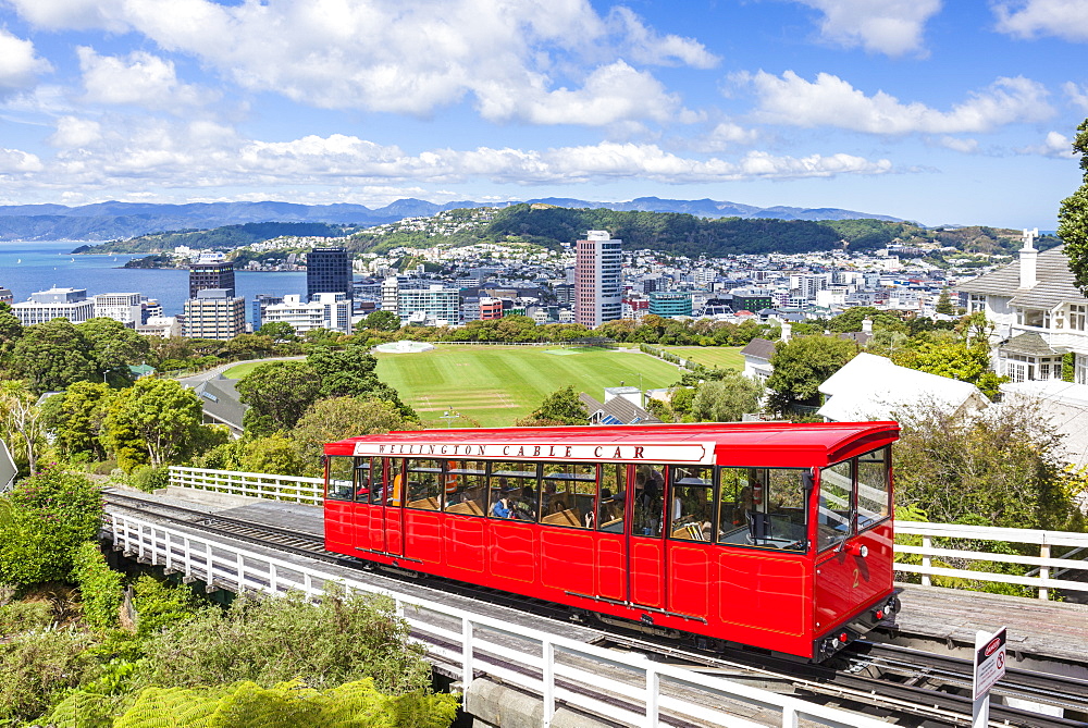 Wellington cable car and Wellington skyline, Wellington, North Island, New Zealand, Pacific